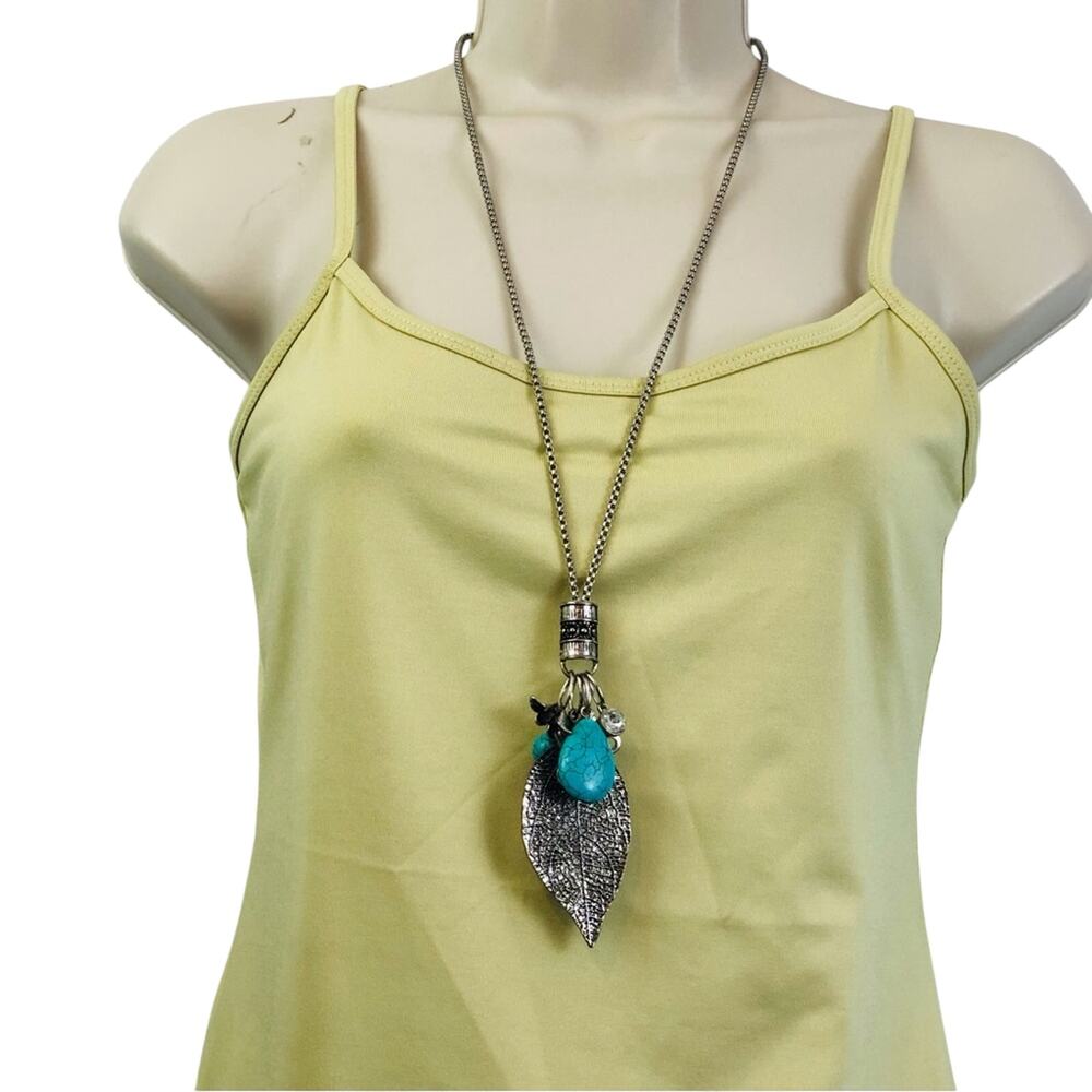 Trendy Long Necklace Faux Silver Turquoise Charms - Picture 12 of 16
